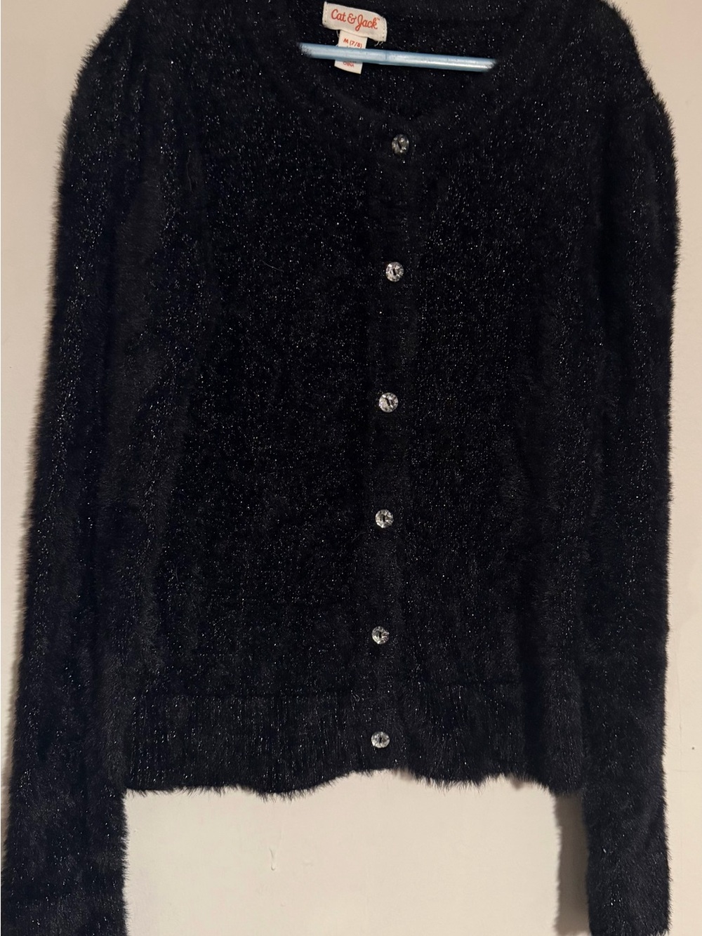 Cat & Jack Girls Black Fuzzy Eyelash Knit Cardigan Sweater  w/Rhinestone Btn 7-8